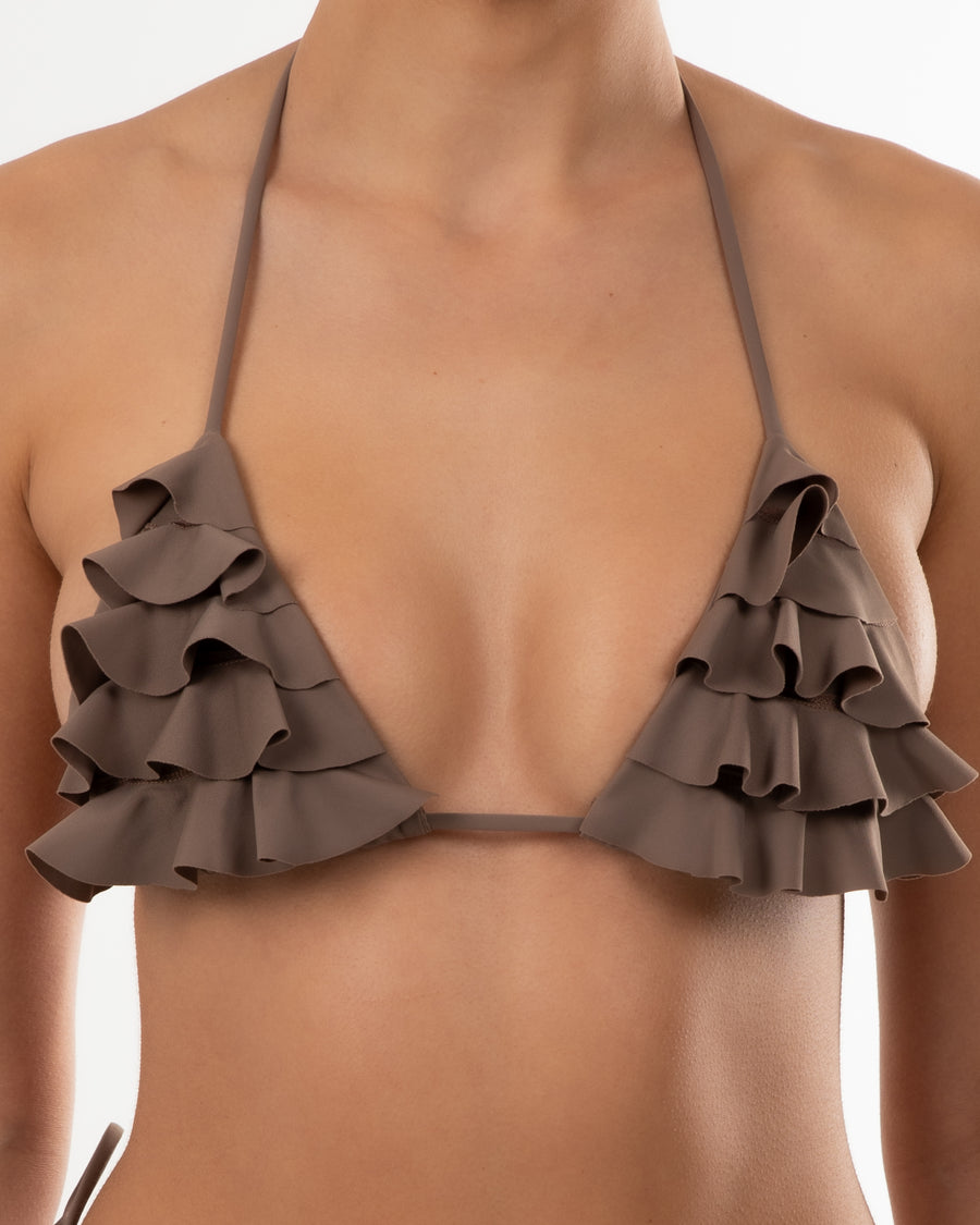 Women's eco-friendly taupe ruffle bikini top 