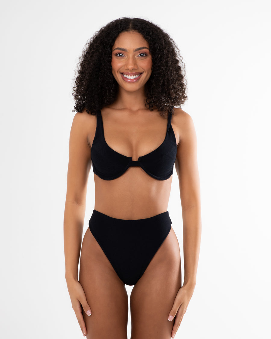 Women's sustainable high-waisted black terry cheeky bikini bottom