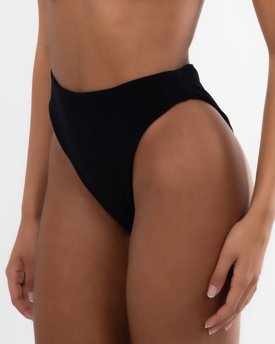 Women's sustainable high-waisted black terry cheeky bikini bottom