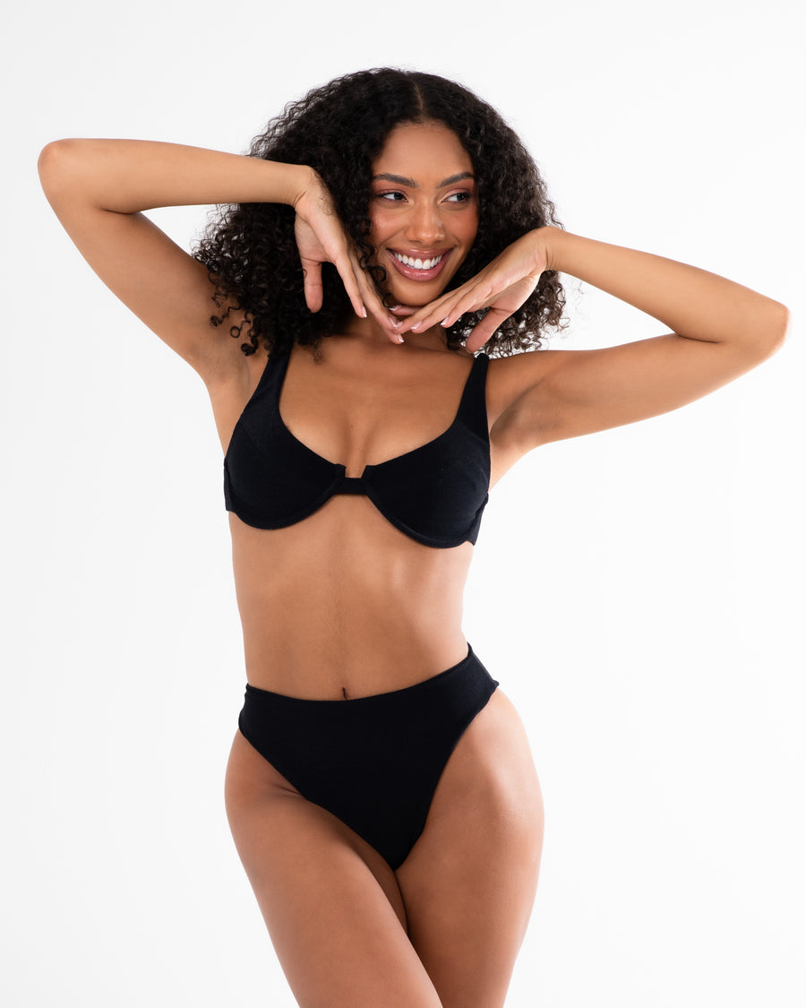 Women's black terry sustainable swimwear top